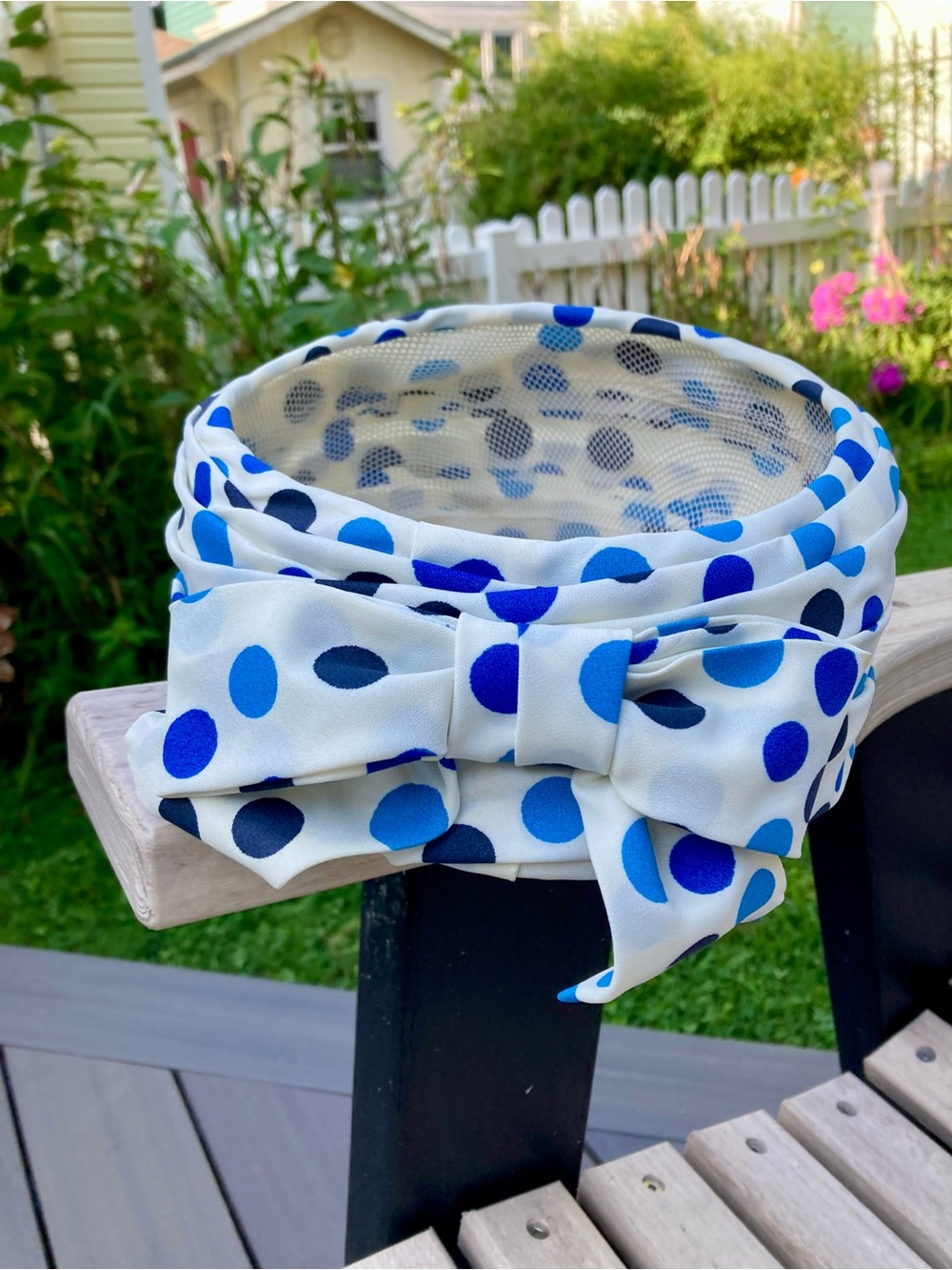 Vintage 1960s Polka Dot Blue & White Pillbox Hat with Bow, Union Made Label